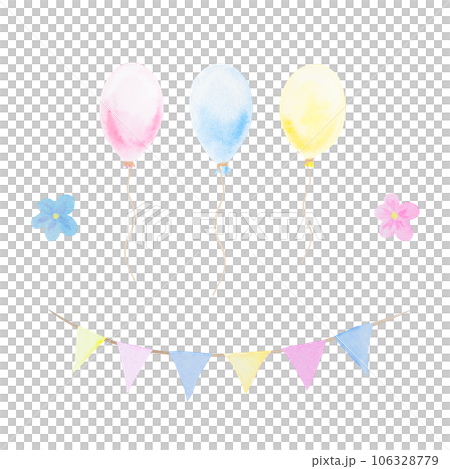 Colorful garland , balloons and flowers. Hand drawn watercolor painting in children's style. Cute design element for greeting card, invitation, textiles. Can be used in kid's products and print 106328779