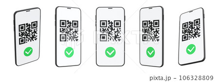 3d code scanner on mobile phone with green successful checkmark. Render illustration of smartphone with barcode on screen for cashless payment or downloading information concept. 106328809