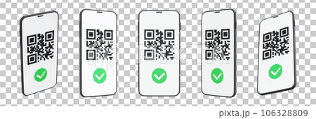 3d code scanner on mobile phone with green successful checkmark. Render illustration of smartphone with barcode on screen for cashless payment or downloading information concept. 106328809