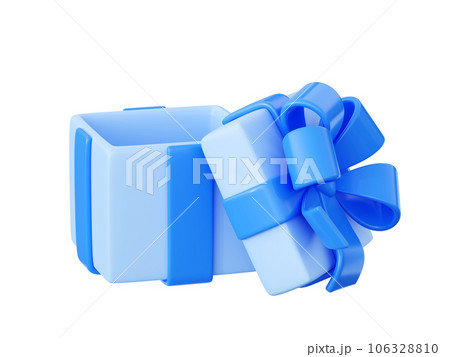 Open blue gift box with cover laying near 3d render illustration. Pastel colored empty surprise package with ribbon and bow for Christmas, birthday or anniversary present, holiday or winner concept. 106328810