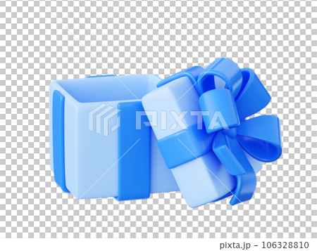 Open blue gift box with cover laying near 3d render illustration. Pastel colored empty surprise package with ribbon and bow for Christmas, birthday or anniversary present, holiday or winner concept. 106328810