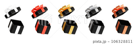 Open black gift box with glossy ribbon and bow 3d render illustration. Empty present package for black friday sale or bonus concept. Surprise pack - advertising or discount promo design element. 106328811