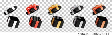 Open black gift box with glossy ribbon and bow 3d render illustration. Empty present package for black friday sale or bonus concept. Surprise pack - advertising or discount promo design element. 106328811