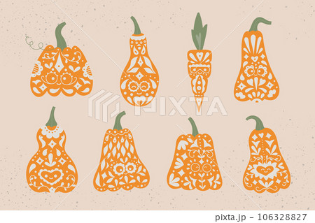 Dia de los Muertos, halloween carving cute pumpkins. Vector illustration For party invite, card, poster. Dia de los Muertos, halloween carving cute pumpkins. Vector illustration For party invite, card, poster. 106328827