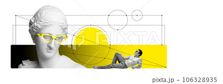 Contemporary art collage. Shirtless muscular man and antique statue head of woman on white background with abstract element. Contemporary art collage. Shirtless muscular man and antique statue head of woman on white background with abstract element. 106328935