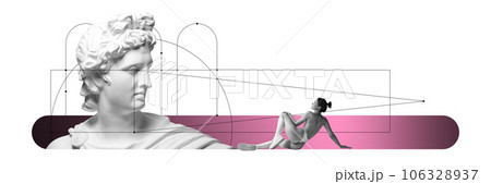 Sensuality and tenderness. Beautiful naked young woman and antique statue bust on white background. Contemporary art collage. Sensuality and tenderness. Beautiful naked young woman and antique statue bust on white background. Contemporary art collage. 106328937