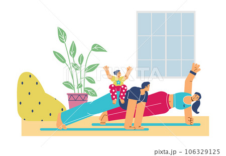 Happy family doing plank exercise together at home, flat vector illustration isolated on white background. Happy family doing plank exercise together at home, flat vector illustration isolated on white background. 106329125