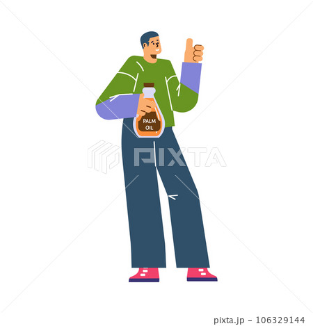 Joyful man holding bottle of palm oil and shows hand gesture perfectly, advertising vegetarian food vector illustration 106329144