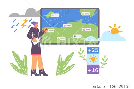 Woman meteorologist pointing on screen map, report on weather forecast, precipitation, temperature vector illustration Woman meteorologist pointing on screen map, report on weather forecast, precipitation, temperature vector illustration 106329153