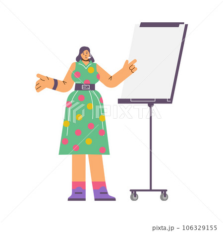 Woman presenting, explaining and pointing on white board on wheels, vector business mentor, coach, teacher, project 106329155