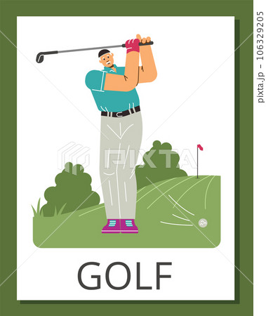 Gray-haired old man playing golf, raised hands with club and swing isolated vector sport leisure activity vector poster Gray-haired old man playing golf, raised hands with club and swing isolated vector sport leisure activity vector poster 106329205