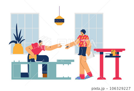 Man with screwdriver assembling or dismantling furniture cupboard, woman gives screw vector illustration in cozy room Man with screwdriver assembling or dismantling furniture cupboard, woman gives screw vector illustration in cozy room 106329227