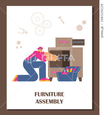Wooden furniture assembly service flat vector poster, worker with screwdriver assembling or dismantling a commode Wooden furniture assembly service flat vector poster, worker with screwdriver assembling or dismantling a commode 106329229