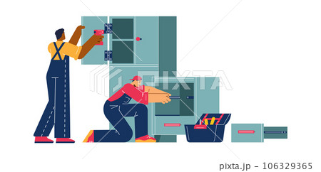 Furniture assembly service, two workers with screwdriver and turn-screw assembling closet, flat vector illustration Furniture assembly service, two workers with screwdriver and turn-screw assembling closet, flat vector illustration 106329365