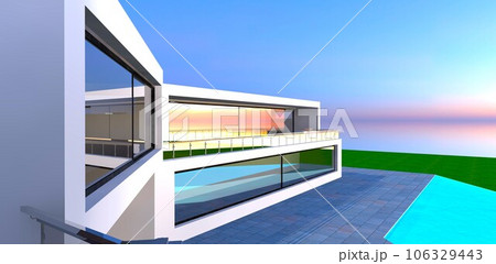 Contemporary minimalist real estate. White facade and large panoramic windows with spacious terrace. 3d rendering. Contemporary minimalist real estate. White facade and large panoramic windows with spacious terrace. 3d rendering. 106329443