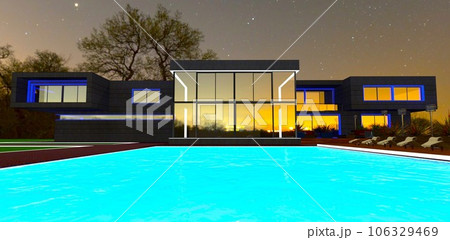 Seldom starry night above the eco-friendly real estate. Sun loungers along the pool. 3d rendering. Seldom starry night above the eco-friendly real estate. Sun loungers along the pool. 3d rendering. 106329469