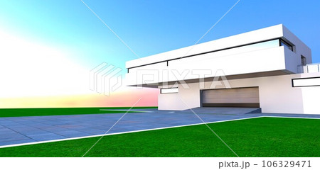 Lifting metal gate of the contemporary suburban mansion with white plaster facade against the bright sunny sky. 3d rendering. Lifting metal gate of the contemporary suburban mansion with white plaster facade against the bright sunny sky. 3d rendering. 106329471