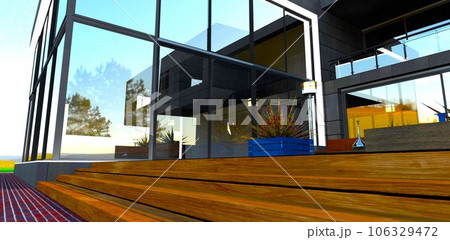 Wooden steps of the cozy rest. Glass reflective facade. Comfortable place for family relax. 3d rendering. Wooden steps of the cozy rest. Glass reflective facade. Comfortable place for family relax. 3d rendering. 106329472