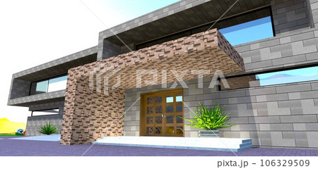 View of the porch. Exclusive contemporary design. Metal panel facade, glowing concrete steps and wooden swing door. 3d rendering. View of the porch. Exclusive contemporary design. Metal panel facade, glowing concrete steps and wooden swing door. 3d rendering. 106329509