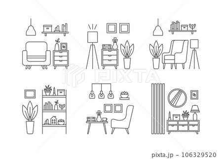 Set icons, interior design concept. Living room interior. Vector line illustration on white background Set icons, interior design concept. Living room interior. Vector line illustration on white background 106329520