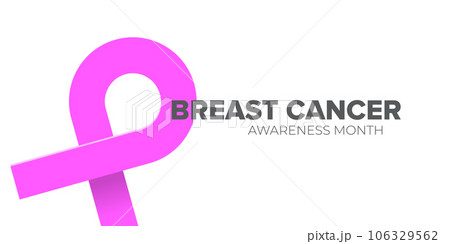 Breast cancer awareness month concept horizontal banner design template with pink ribbon and text isolated on white background. October is Breast cancer awareness month vector flyer or poster 106329562