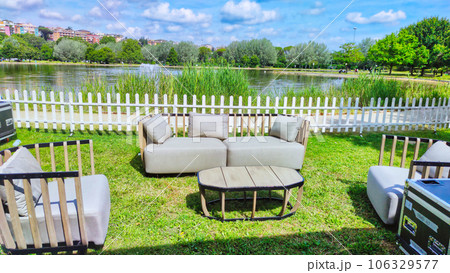 garden furniture near the pond garden furniture near the pond 106329577