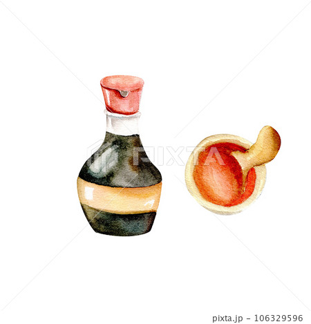 Watercolor asian sauce set. Hand drawn food illustration for reastaurant, menu design Watercolor asian sauce set. Hand drawn food illustration for reastaurant, menu design 106329596