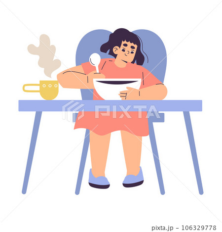 Little Girl Eating Breakfast as Children Day Activity Vector Illustration 106329778