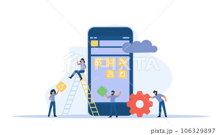 Mobile app development vector concept illustration design. Application create business phone web interface screen. Flat developer construction smartphone. Programming UI device button element. Mobile app development vector concept illustration design. Application create business phone web interface screen. Flat developer construction smartphone. Programming UI device button element. 106329897