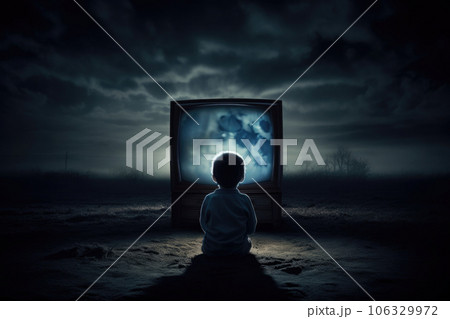 Boy sitting in front of tv set. Children addiction. Generative AI Boy sitting in front of tv set. Children addiction. Generative AI 106329972