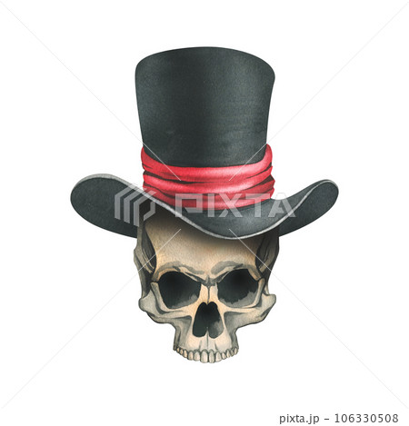 A human skull without a lower jaw in a black top hat with a red ribbon. Hand drawn watercolor illustration for day of the dead, halloween, Dia de los muertos. Isolated object on a white background. 106330508