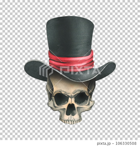 A human skull without a lower jaw in a black top hat with a red ribbon. Hand drawn watercolor illustration for day of the dead, halloween, Dia de los muertos. Isolated object on a white background. 106330508
