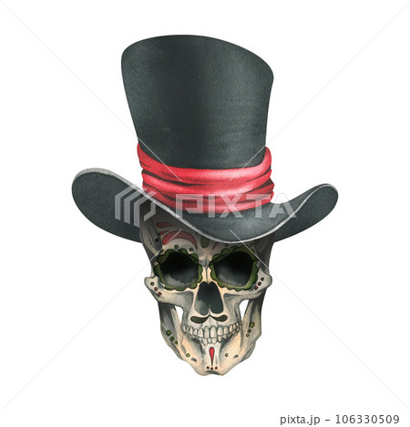 Ornamented human skull in a black top hat with a red ribbon. Hand drawn watercolor illustration for day of the dead, halloween, Dia de los muertos. Isolated object on a white background. Ornamented human skull in a black top hat with a red ribbon. Hand drawn watercolor illustration for day of the dead, halloween, Dia de los muertos. Isolated object on a white background. 106330509