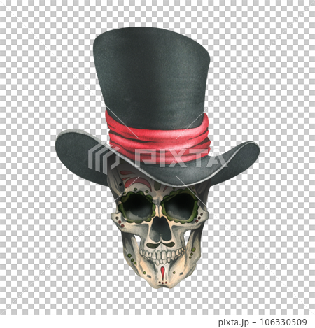 Ornamented human skull in a black top hat with a red ribbon. Hand drawn watercolor illustration for day of the dead, halloween, Dia de los muertos. Isolated object on a white background. Ornamented human skull in a black top hat with a red ribbon. Hand drawn watercolor illustration for day of the dead, halloween, Dia de los muertos. Isolated object on a white background. 106330509