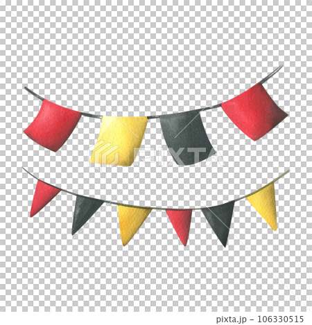 garlands with red, black and yellow flags are square and triangular. Hand drawn watercolor illustration for day of the dead, halloween, Dia de los muertos. Isolated object on a white background. 106330515