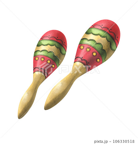 Maracas with red and green ornaments. Hand drawn watercolor illustration for day of the dead, halloween, Dia de los muertos. Isolated objects on a white background. 106330518