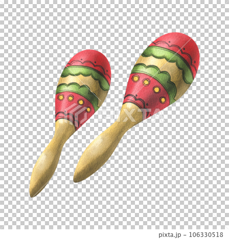 Maracas with red and green ornaments. Hand drawn watercolor illustration for day of the dead, halloween, Dia de los muertos. Isolated objects on a white background. 106330518