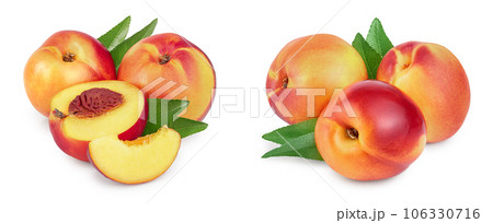 Nectarine fruit and half with leaf isolated on white background cutout 106330716