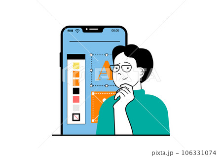 App development concept with people scene in flat web design. Man selecting colors palette for ui layout and creating wireframe mockup. Vector illustration for social media banner, marketing material. 106331074