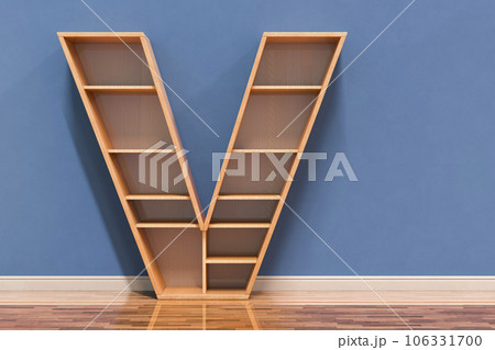 Letter V as bookshelf in interior, 3D rendering 106331700