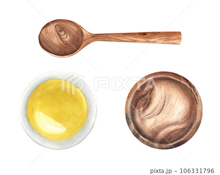 Set of empty wooden and filled with oil bowls and spoon isolated on a white background. Hand drawn watercolor illustration. For displaying your food, products packaging design, decoration compositions 106331796