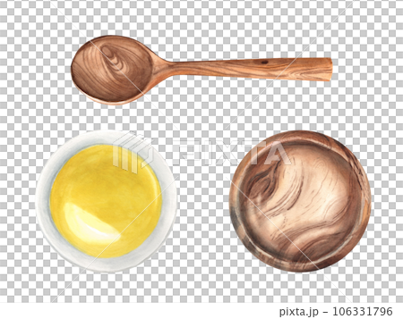 Set of empty wooden and filled with oil bowls and spoon isolated on a white background. Hand drawn watercolor illustration. For displaying your food, products packaging design, decoration compositions 106331796