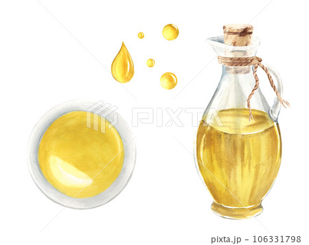 Olive oil in glass jug and bowl, oil drops. Hand drawn watercolor illustration on a white background. For menu, product and italian, greek, spanish food and cuisine design Olive oil in glass jug and bowl, oil drops. Hand drawn watercolor illustration on a white background. For menu, product and italian, greek, spanish food and cuisine design 106331798