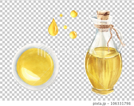 Olive oil in glass jug and bowl, oil drops. Hand drawn watercolor illustration on a white background. For menu, product and italian, greek, spanish food and cuisine design Olive oil in glass jug and bowl, oil drops. Hand drawn watercolor illustration on a white background. For menu, product and italian, greek, spanish food and cuisine design 106331798