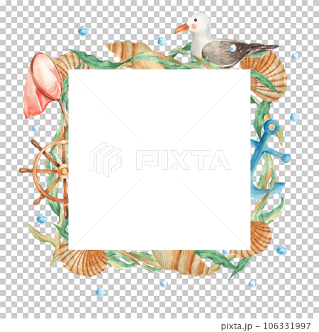 Sea square frame, cute sea gull, wooden steering wheel, seashells, nautical anchor, orange net, seaweeds and water bubbles. Marine design. Watercolor hand drawn illustration isolated on white Sea square frame, cute sea gull, wooden steering wheel, seashells, nautical anchor, orange net, seaweeds and water bubbles. Marine design. Watercolor hand drawn illustration isolated on white 106331997