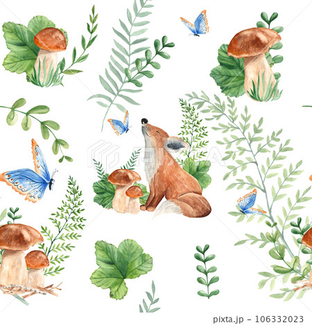 Seamless pattern with cute baby fox, mushrooms, green plants and butterfly. Watercolor hand drawn illustration on white background. Ideal for kids wallpaper, wrapping paper, fabric and textile design. Seamless pattern with cute baby fox, mushrooms, green plants and butterfly. Watercolor hand drawn illustration on white background. Ideal for kids wallpaper, wrapping paper, fabric and textile design. 106332023