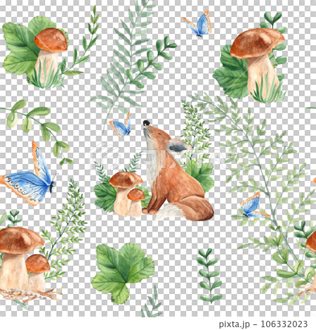 Seamless pattern with cute baby fox, mushrooms, green plants and butterfly. Watercolor hand drawn illustration on white background. Ideal for kids wallpaper, wrapping paper, fabric and textile design. Seamless pattern with cute baby fox, mushrooms, green plants and butterfly. Watercolor hand drawn illustration on white background. Ideal for kids wallpaper, wrapping paper, fabric and textile design. 106332023