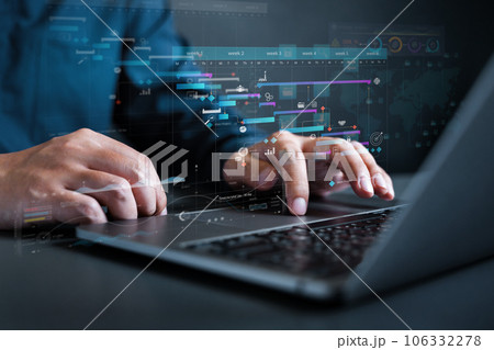 analytics chart, business analysis chart KPI showing icon on virtual screen monitor laptop by hologram virtual screen technology. analytics chart, business analysis chart KPI showing icon on virtual screen monitor laptop by hologram virtual screen technology. 106332278