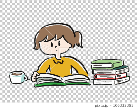 Illustration of a woman reading a book with stacked books and coffee Illustration of a woman reading a book with stacked books and coffee 106332383