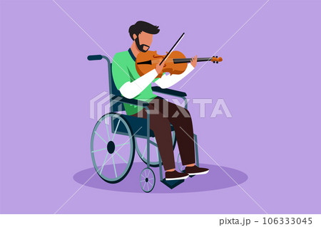 Character flat drawing of disability and music event. Arabian man in wheelchair plays violin. Physically disabled. Person in hospital. Rehabilitation center patient. Cartoon design vector illustration Character flat drawing of disability and music event. Arabian man in wheelchair plays violin. Physically disabled. Person in hospital. Rehabilitation center patient. Cartoon design vector illustration 106333045